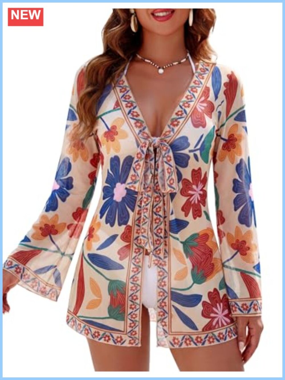 Sheer Flowy Mesh Beach Swim Cover Up Bell Sleeve V-Neck Tie Cardigan